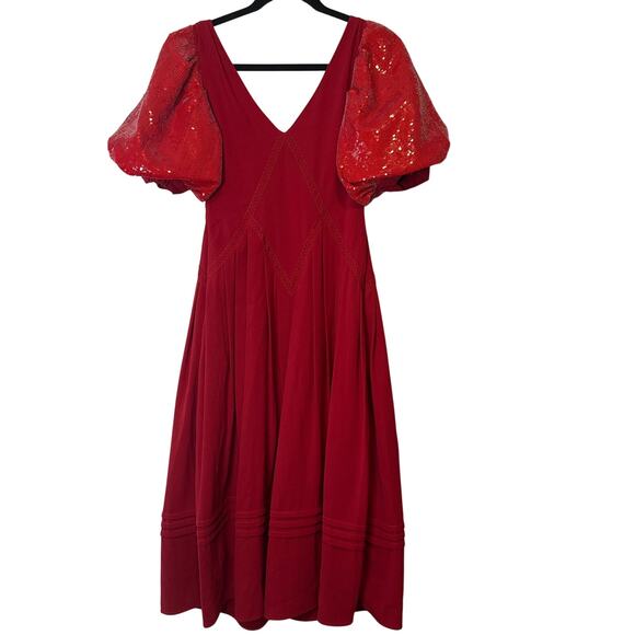 Self-Portrait Red Sequin Puff Sleeve Midi Dress Size 2 NWT - Picture 4 of 11